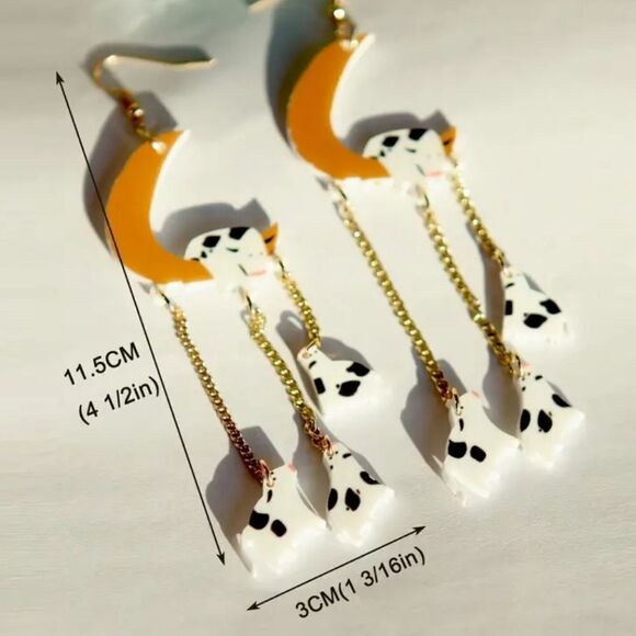 14k COW & THE MOON cute fun Whimsical novelty kawaii earrings - Picture 2 of 6
